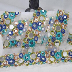 インド刺繍リボン ミラーワーク 鏡 花 白レース ボタニカル 青 海 マリン アジアン エスニック ヴィンテージ レトロ 1枚目の画像