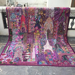 インド パッチワーク 刺繍 カバー ラグ エスニック ヨガ ラリーキルト 紫 アンティーク アジアン 敷物 レトロ 1枚目の画像