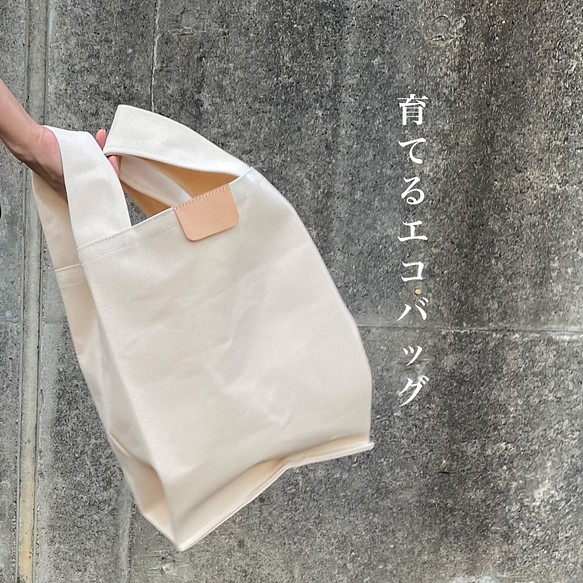 育てるエコバッグ” Mサイズ レジ袋 帆布 本革 ナチュラルミニバッグ