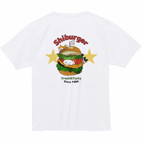 柴犬と大きなハンバーガー◆BIGバックプリントTシャツ 1枚目の画像