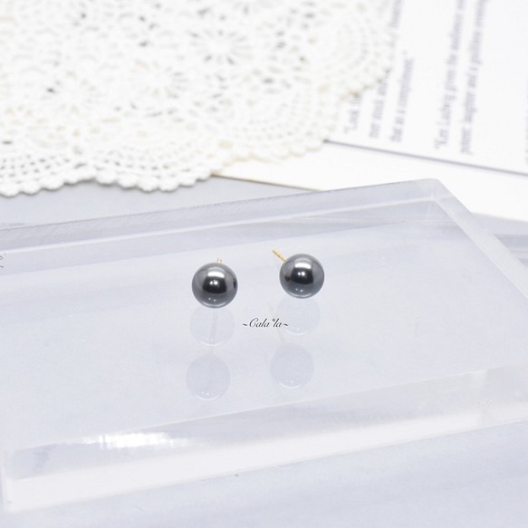 小號黑水晶珍珠14kgf耳釘/樹脂無孔耳環金屬過敏黑色 第1張的照片