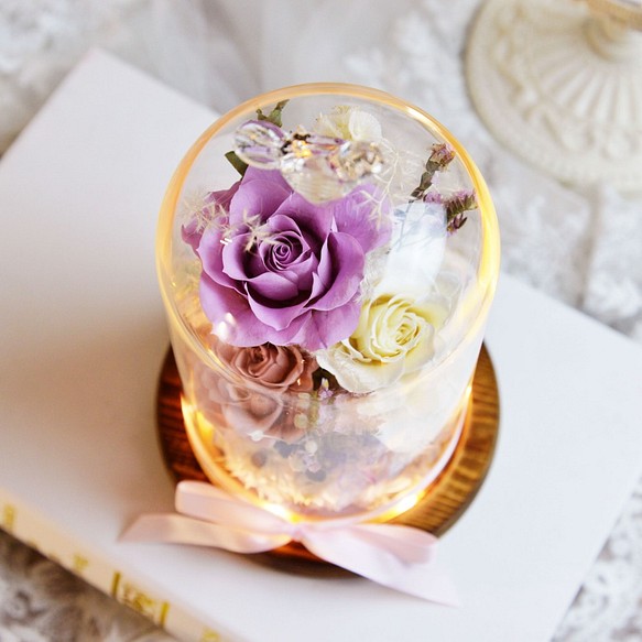 【情懷】Purple 日本永生花 玫瑰 LED 玻璃鐘罩 夜燈 第1張的照片