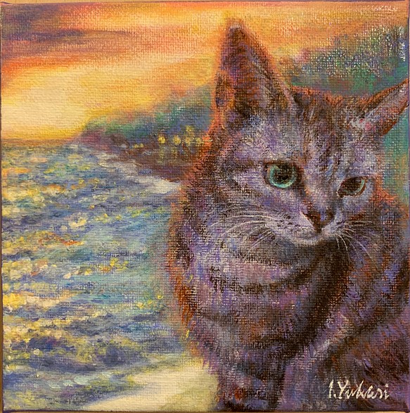 猫と海/絵画　アート　原画　送料無料