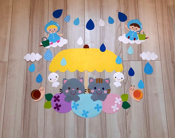 6月壁面 雨 しずく あじさい かたつむり ネコ キッズルーム 保育園 幼稚園 フォト撮影 室内飾り 雑貨 その他 ふるふる 通販 Creema クリーマ ハンドメイド 手作り クラフト作品の販売サイト