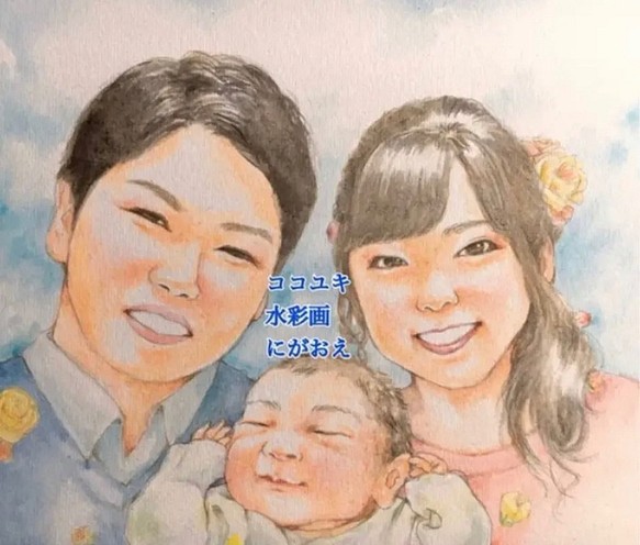 家族の水彩画にがおえオーダー・手描きイラスト原画でご家族の似顔絵 1枚目の画像