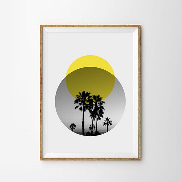『真夜中の椰子の木と満月』ジオメトリックなおしゃれなポスター 1枚目の画像