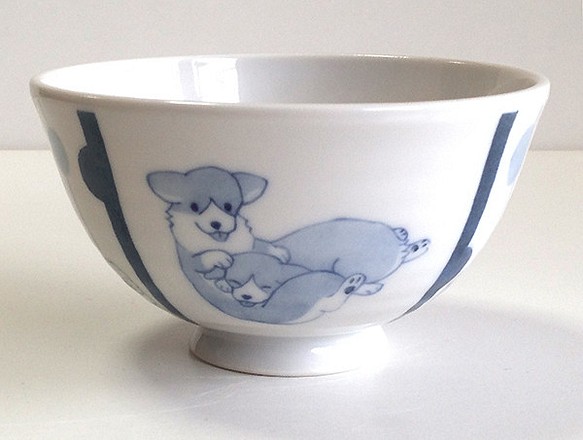S様専用ページ：藍色のふわっと軽いお茶碗「八重桜とコーギー犬」 1枚目の画像