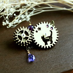 [只要實際項目]旋轉齒輪★貓和星別針B（紫水晶）施華洛世奇水晶使用蒸汽朋克 第1張的照片