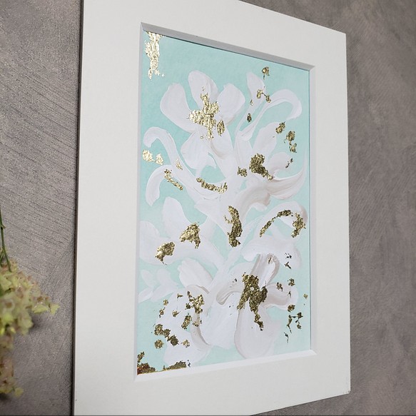 原画 小さな絵 花 エメラルドグリーン 花の絵 現代美術 現代アート 抽象画 ベージュ ゴールド 1枚目の画像