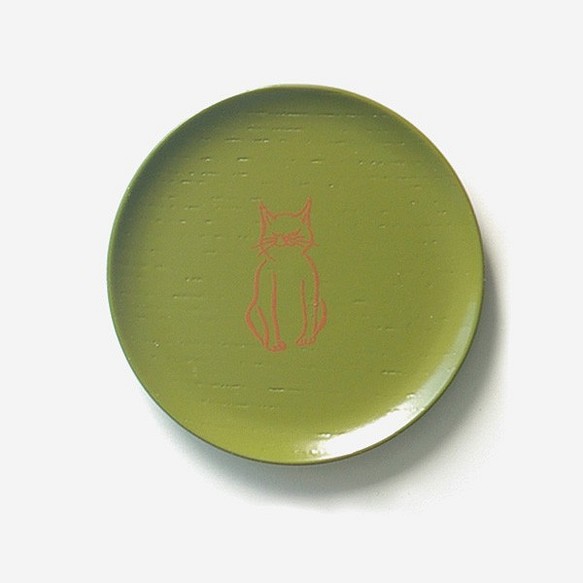 漆まめさら 動物シリーズ ねこ正面（緑・歌川広重）　木製漆塗り　漆器の豆皿 1枚目の画像