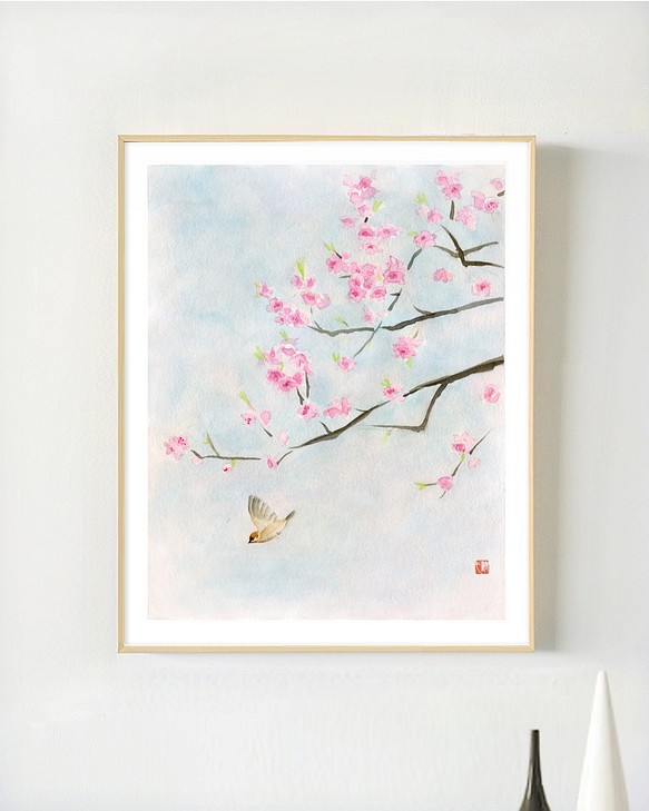 手描き 水彩 桜 鳥 ポスター アート 絵画 室内装飾 絵画 版画 引っ越し 新居 完成 1枚目の画像