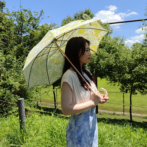 最安値で 手作り日傘 一点もの 花刺繍 リネン 麻 綿麻傘 日傘
