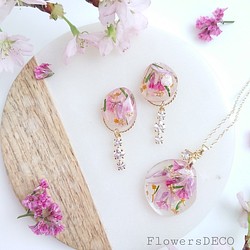 水珠花和搖擺的氧化鋯櫻花色[2WAY耳環和項鍊] creema限量套裝 第1張的照片