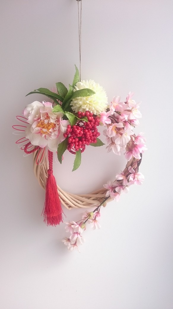 しだれ桜&椿・春の宴【wreath】アーティシャルフラワー 1枚目の画像