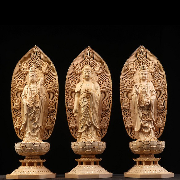 極上品 釈迦如来三尊 仏教工芸品 木彫仏像 釈迦如来 地蔵菩薩 観音菩薩-