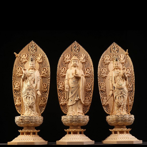 木彫仏像 東方三聖 薬師如来三尊立像 勢至菩薩 観音菩薩 切金 精密彫刻