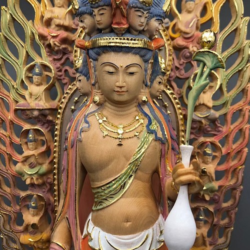 極彩色 十一面観音菩薩 仏教美術 仏師彫り 仏教工芸品 木彫仏像 職人 