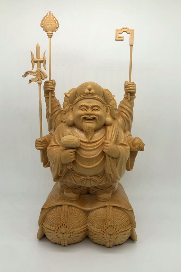 仏教工芸品 精密彫刻 極上品 木彫仏像 三面大黒天 職人手作り 彫刻