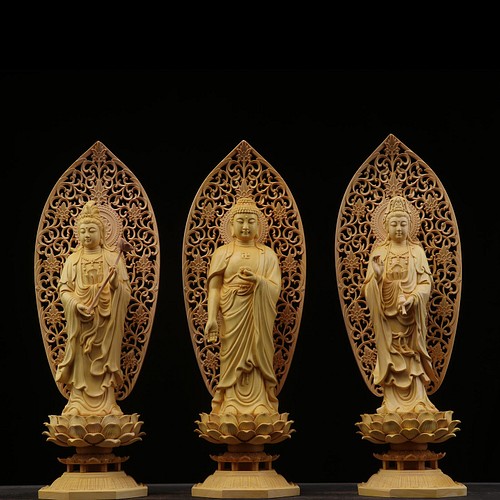 SALE】 仏師彫り 木彫仏像 西方三聖 阿弥陀如来 仏教工芸品 勢至菩薩 
