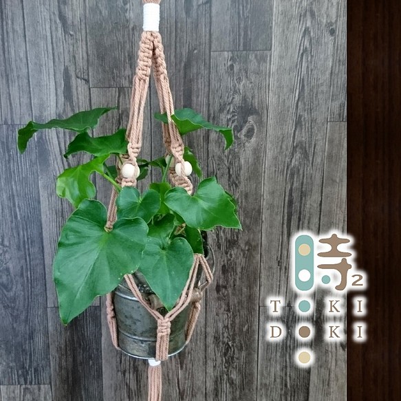マクラメ編みプラントハンガーM〈ブラウン〉ハンギングバスケット/吊り鉢/植物 1枚目の画像