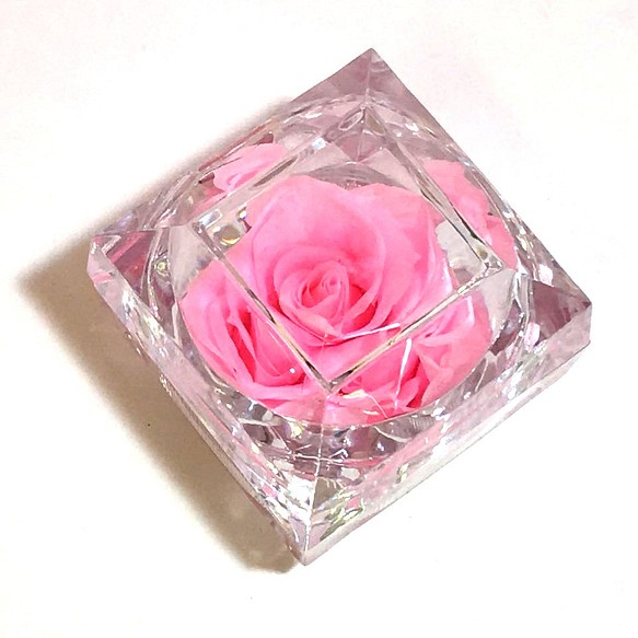 【AFP】パール入り　ミニプリザーブドフラワー　ダイヤモンド型　アクリルボックス　薔薇　ピンク　knj-001p 1枚目の画像