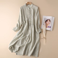 リネンドレスレディース春服アートファンシンプルな長袖ルーズで薄い綿とリネンのロングスカート 1枚目の画像