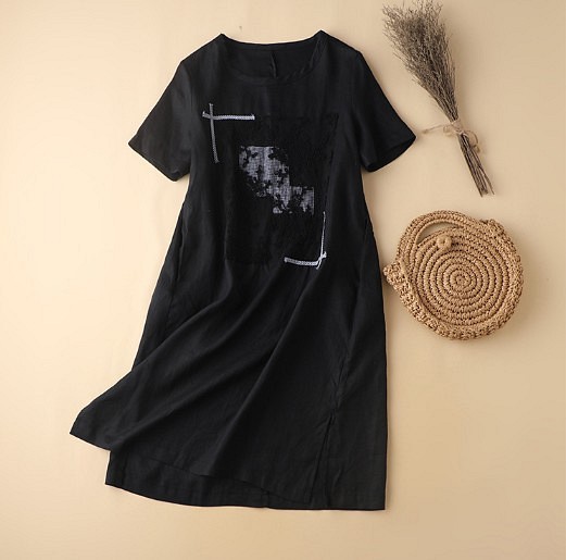 ゆったりとしたデザインの夏のラウンドネックスプリット半袖リネンドレス 女性に人気！ 日本製 コットンとリネンのミドル丈スカート
