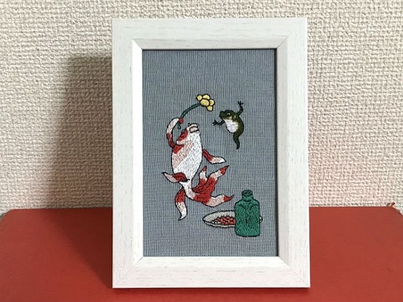手刺繍浮世絵フレーム＊歌川国芳「酒のざしき」の御機嫌金魚 1枚目の画像