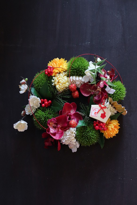 苔とお花のもこもこお正月テーブルアレンジ/リース 1枚目の画像