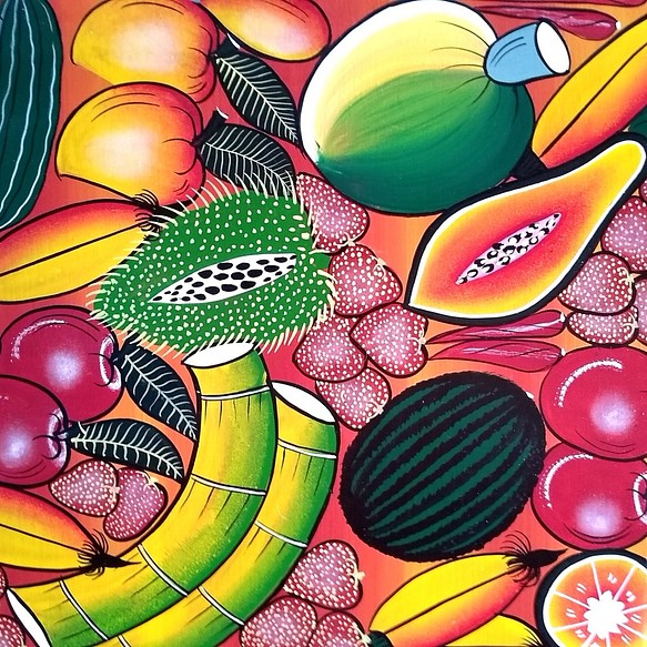 アフリカ絵画 『 Fruits 』ティンガティンガ by Mr. Chilambo 58*80㎝ 1枚目の画像