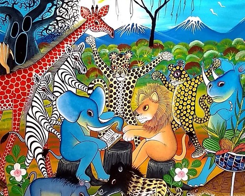 ○ アフリカの絵画、ティンガティンガ『 Blue baobab & animals
