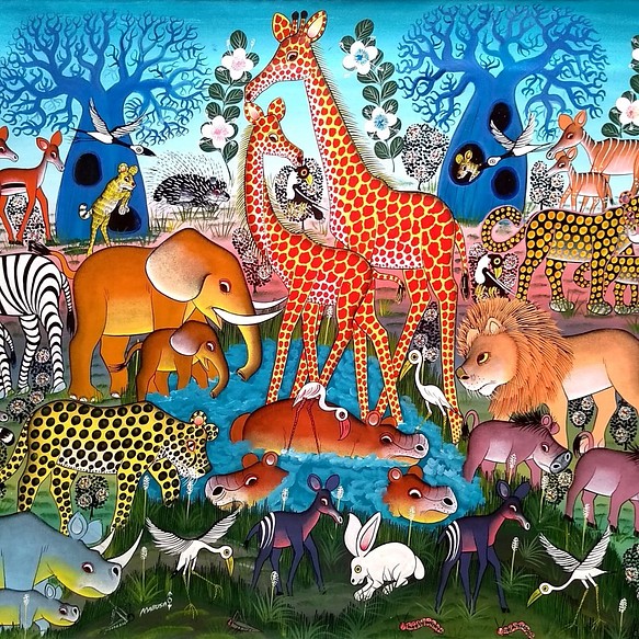 アフリカ絵画 『 Blue baobab 』ティンガティンガ by Mabusa 80*100cm