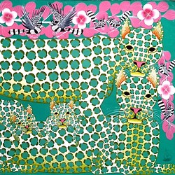 アフリカ絵画 『 Green Leopard family 』ティンガティンガ by Zuberi 50*70cm 1枚目の画像