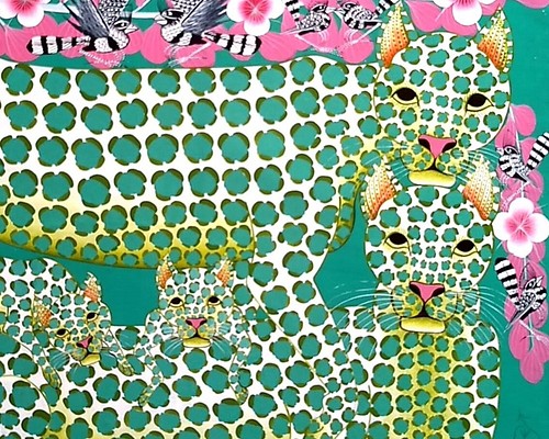 アフリカ絵画 『 Green Leopard family 』ティンガティンガ by