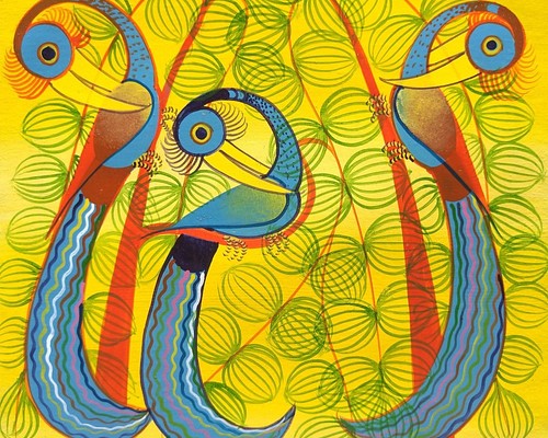 アフリカ絵画『 Three birds 』ティンガティンガ by Abbas 20*20cm 