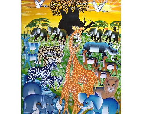 アフリカ絵画『 Sunset safari 2 』ティンガティンガ by Zuberi 70*50