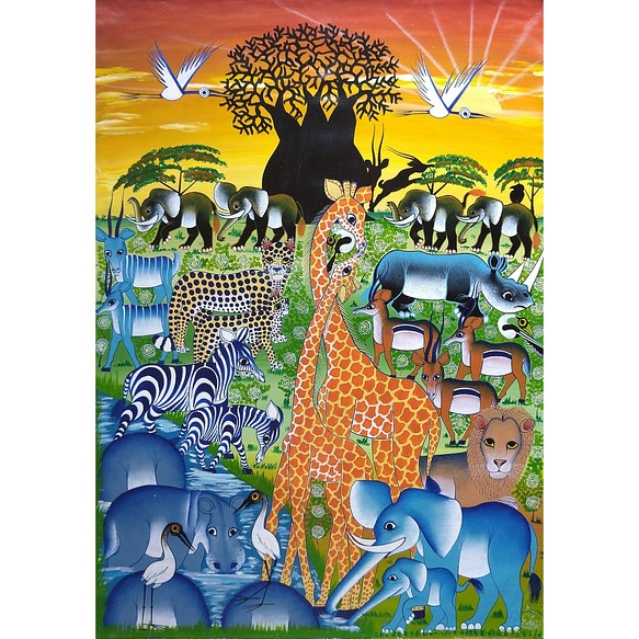 アフリカ絵画『 Sunset safari 2 』ティンガティンガ by Zuberi 70*50