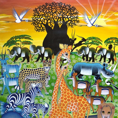 アフリカ絵画『 Sunset safari 2 』ティンガティンガ by Zuberi 70*50 