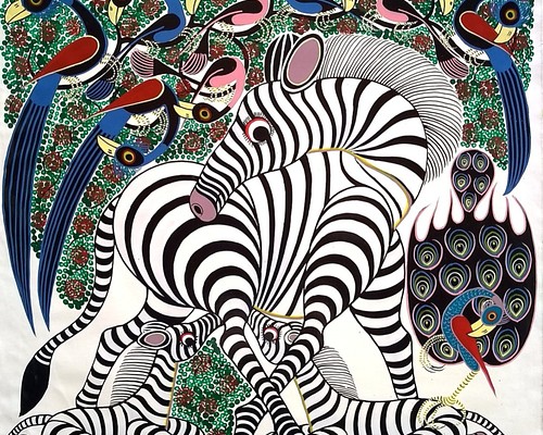 アフリカ絵画 『 Zebra mama and babies 』ティンガティンガ by Mkumba 60*60cm