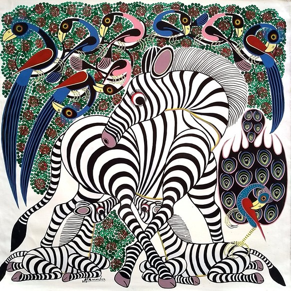 アフリカ絵画 『 Zebra mama and babies 』ティンガティンガ by Mkumba 60*60cm 1枚目の画像