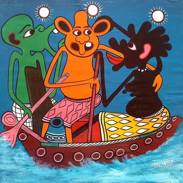 アフリカ絵画 『 Shetani３ on the boat 』ティンガティンガ by Malikita 45*45cm