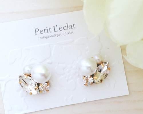 クリスタルLeaf×ホワイトpearlビジューピアス/イヤリング ピアス