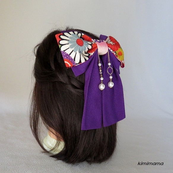 髪飾り　鎖&パール付き・縮緬Wリボンはいからさん(花柄&紫)袴・着物・成人式・卒業式・七五三 1枚目の画像