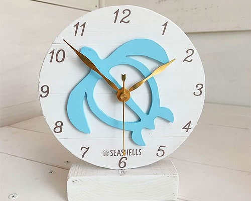 ハワイアン海亀のスタンド時計　ホヌのロゴデザイン　木製置き時計　小さめサイズ