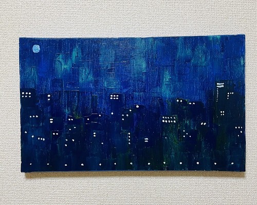 手描き抽象画（油絵）：「月の夜景 Moon night view」＜裏面に詩の記載付き＞　 Ｍ８サイズ