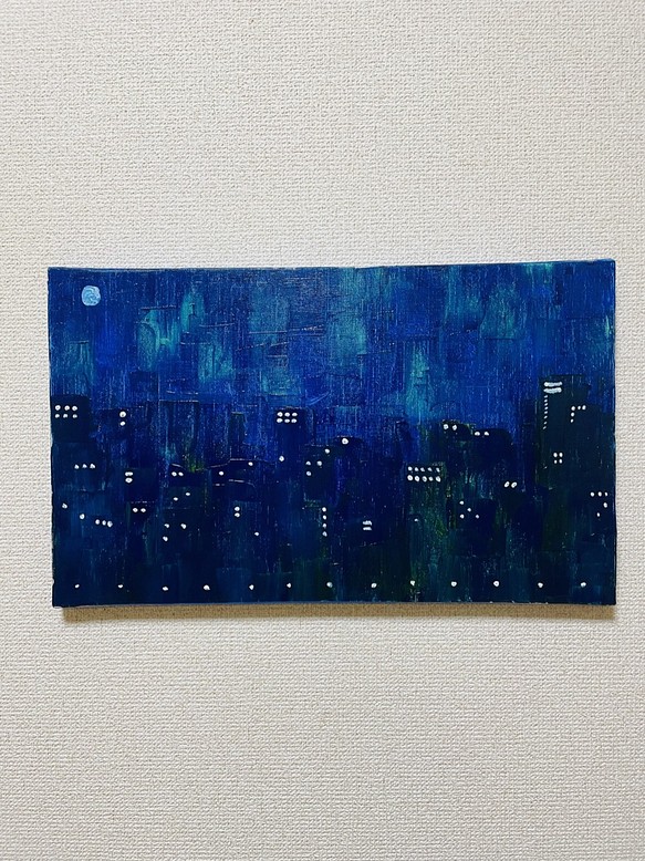 手描き抽象画（油絵）：「月の夜景 Moon night view」＜裏面に詩の記載