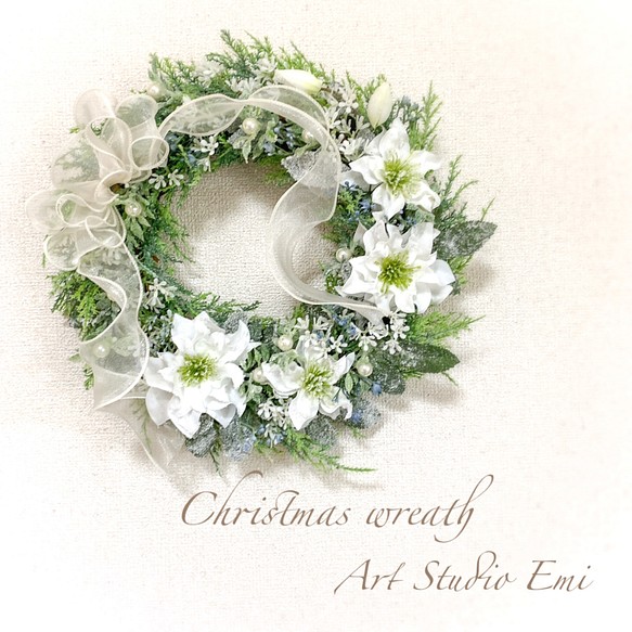 クリスマスリース ホワイト×グリーン 30センチ リース Art Studio Emi ...