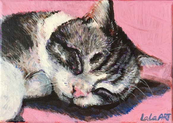 【手描き猫】はがきサイズの小さな絵（アクリル絵の具・油絵の具） 1枚目の画像