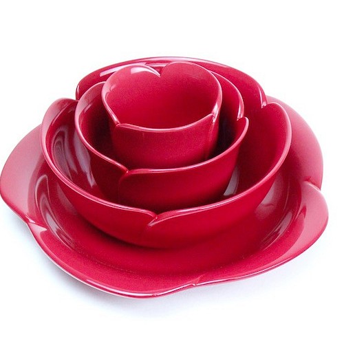 香川漆器 薔薇(ピンク) 湯のみ、お椀、丼、お皿４点セット 大皿