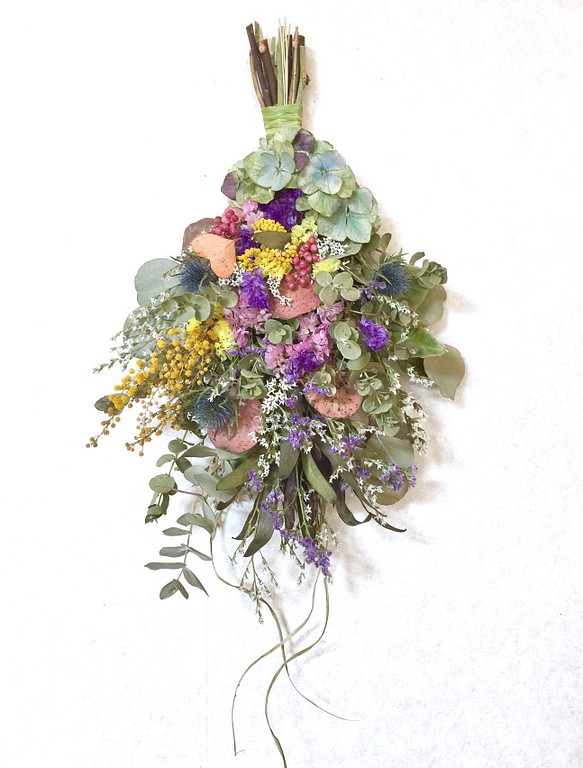 【再販、受注制作】ユーカリとリューカデンドロン&紫陽花とミモザのサマースワッグ 1枚目の画像